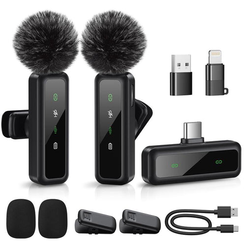 Mini Microphone Wireless Lavalier for Ipad Android 2-Pack Mic with Noise Reduction Auto Pairing and Mute & Reverb Vlogging Video Recording Live Streaming Interview